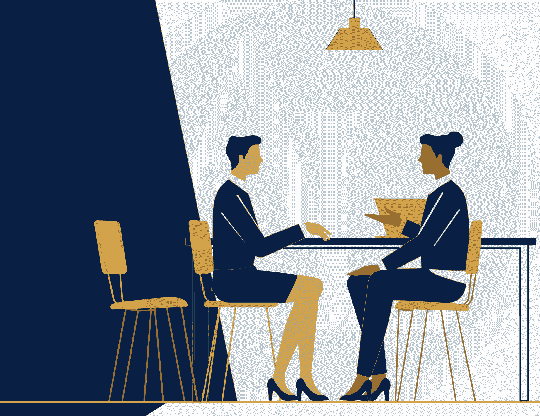 A police station representative advising a client across a table
